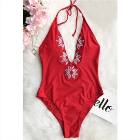 Cupshe Dancing Rose Red Plunging Embroidery halter - Picture 1 of 3
